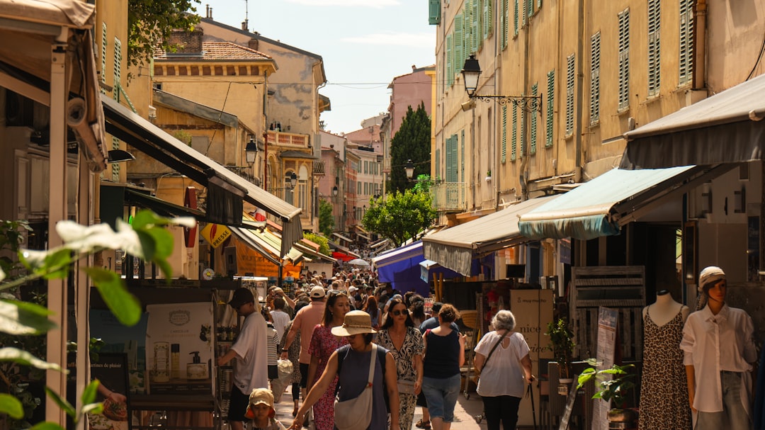 Crowded street market pedestrians